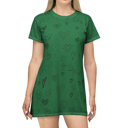 Hearts all over T-Shirt Dress - Dark Green