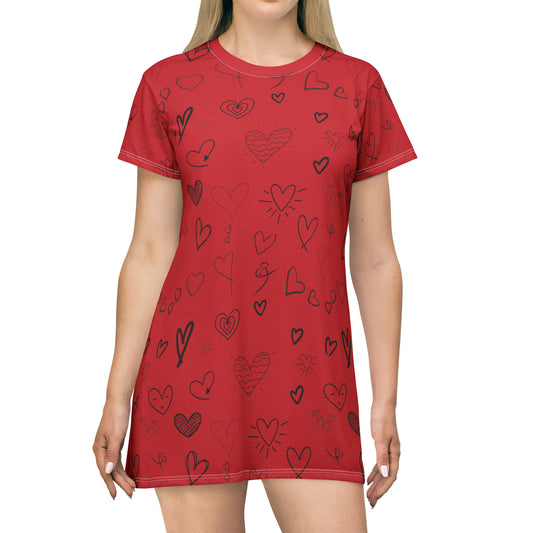 Hearts all over T-Shirt Dress - Dark Red